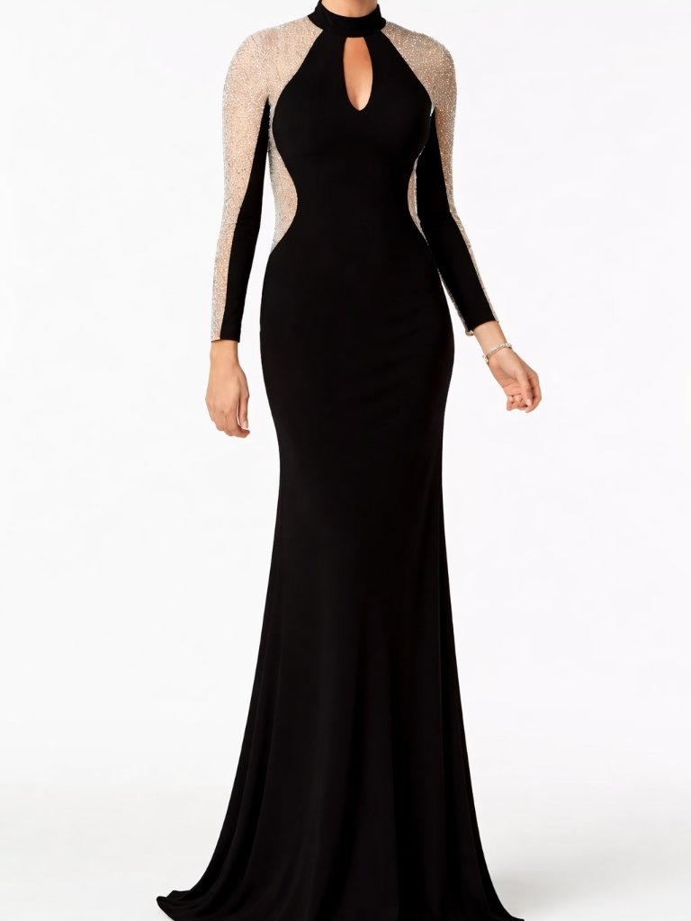 Nwt Black Evening Gown Keyhole Neck Crystal Sleeves Size 10
